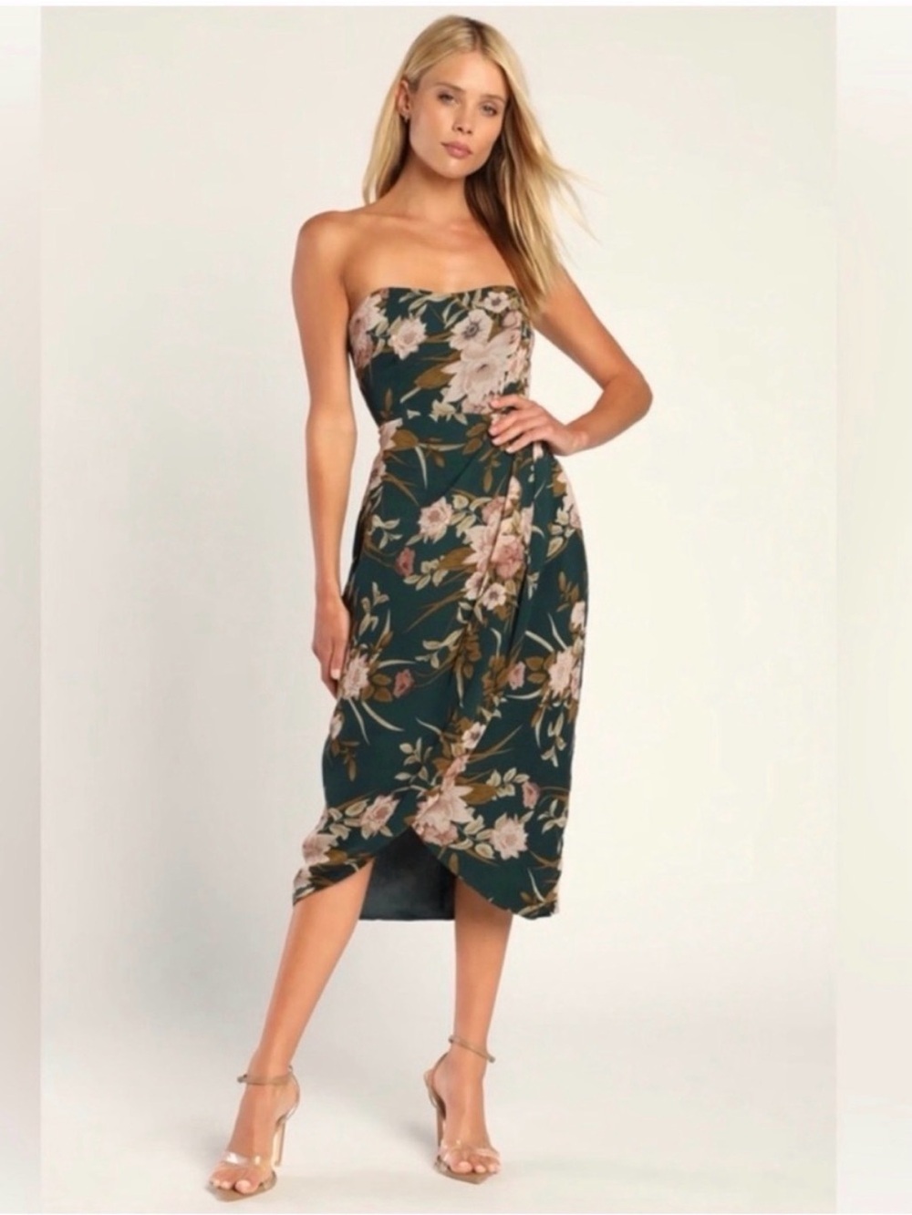 Lulu's Dark Green Floral Strapless Midi Dress